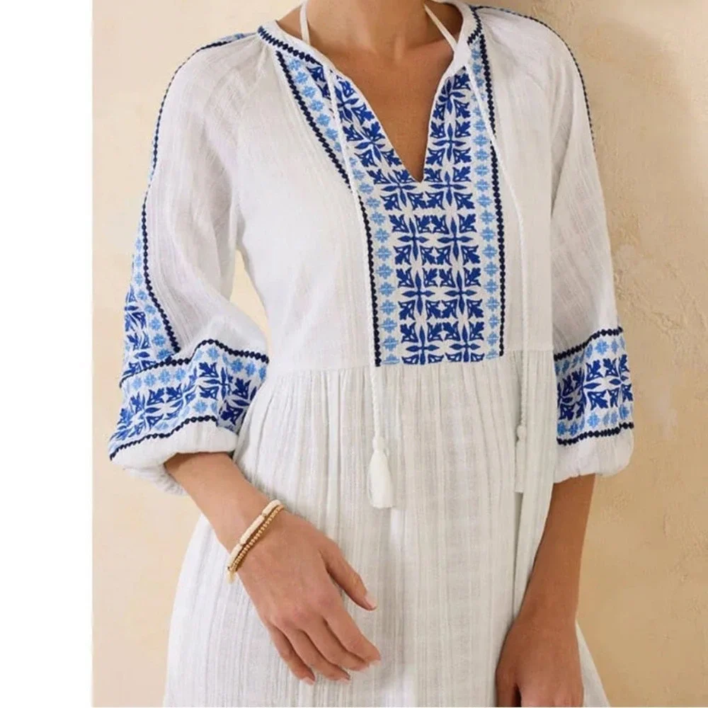 Tommy Bahama NWT Size LGE  Mykonos White &‎ Blue Embroidered  tiered midi Dress - Picture 3 of 16